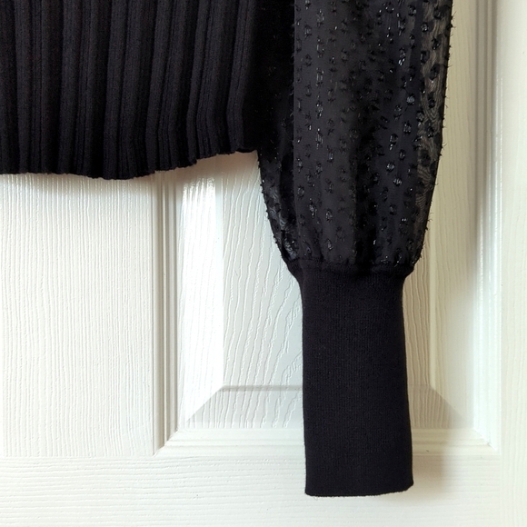 Anthropologie Ribbed Knit Scoop Neck Sheer Shimmer Puff Sleeve Sweater Black S - Picture 6 of 10